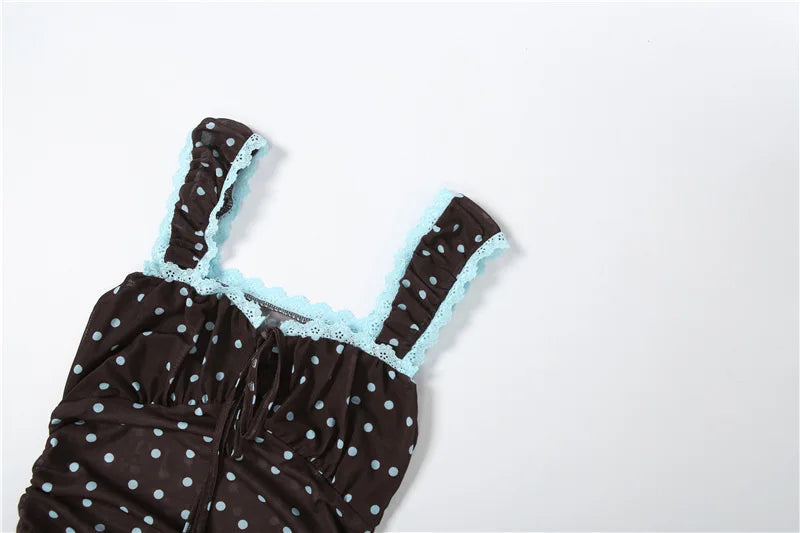 Voguable  Summer Cute Girl's Style Dress Polka Dot Printed Sleevelss Irregular Ruched Hem Slim Women Ruched Birthday Party Mini Dress voguable