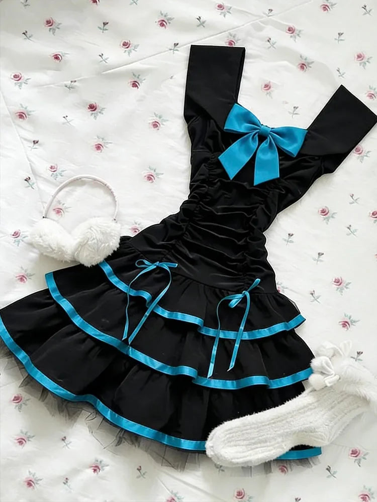 Voguable  Summer Japanese Sweet Kawaii Lolita Dress Women Vintage Lace Bow Ruffle Cake Dress Harajuku Y2k Slim Bandage Dress Fashion voguable