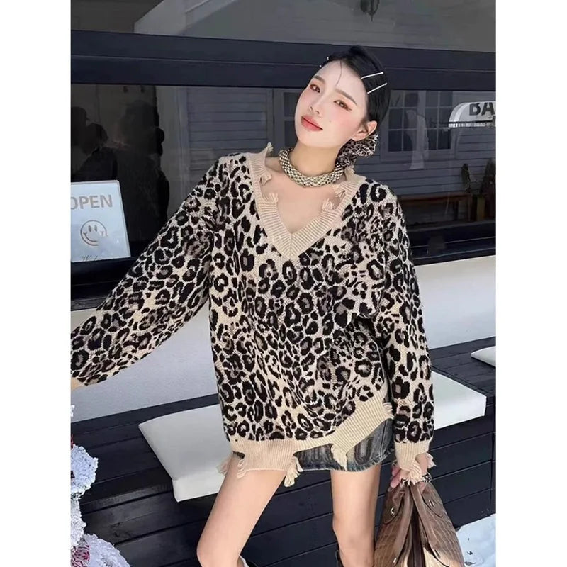 Hip Hop Hole Leopard Sweater Women Loose Streetwear Lazy Wind Y2K Knitted Jumper American Harajuku Vintage Long Sleeve Tops voguable