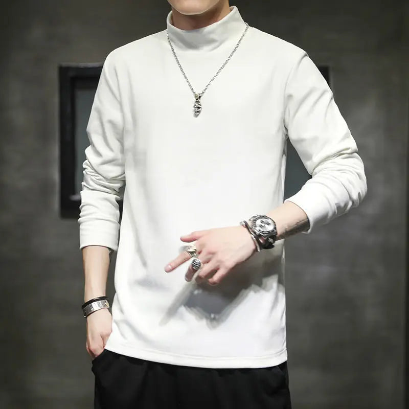 Autumn Winter New Fashion Half High Collar Long Sleeve Pullovers Men's Clothing Solid Color Casual Bottoming Shirt Korean Tops