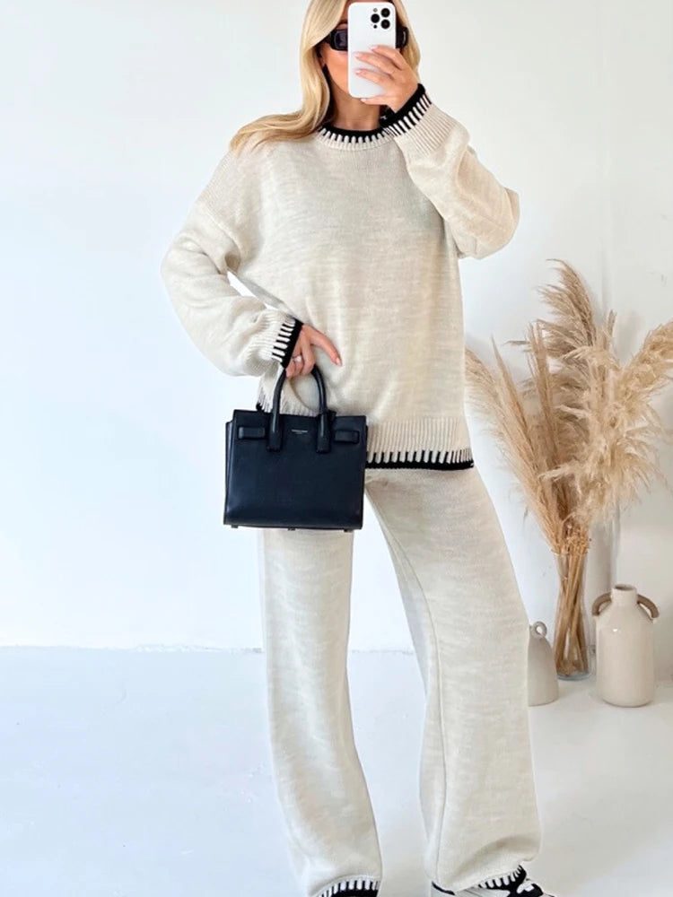 Elegant Knitted Long Pant Sets For Women Oversized Sweater Pullover Wide Leg Elastic Waist Pant Two Pieces Set Lady Chic Outfits voguable