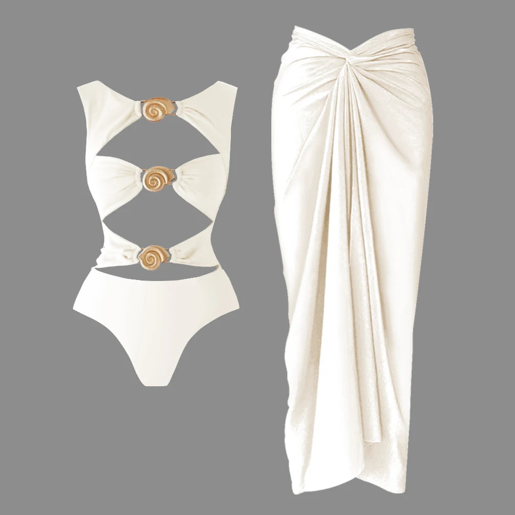 2Pieces Hollow Swimsuit With Long Skirt Women Sexy Swimwear Female Bikini Shiny Button Swim Suit White Bodysuit Beachwear Outfit voguable