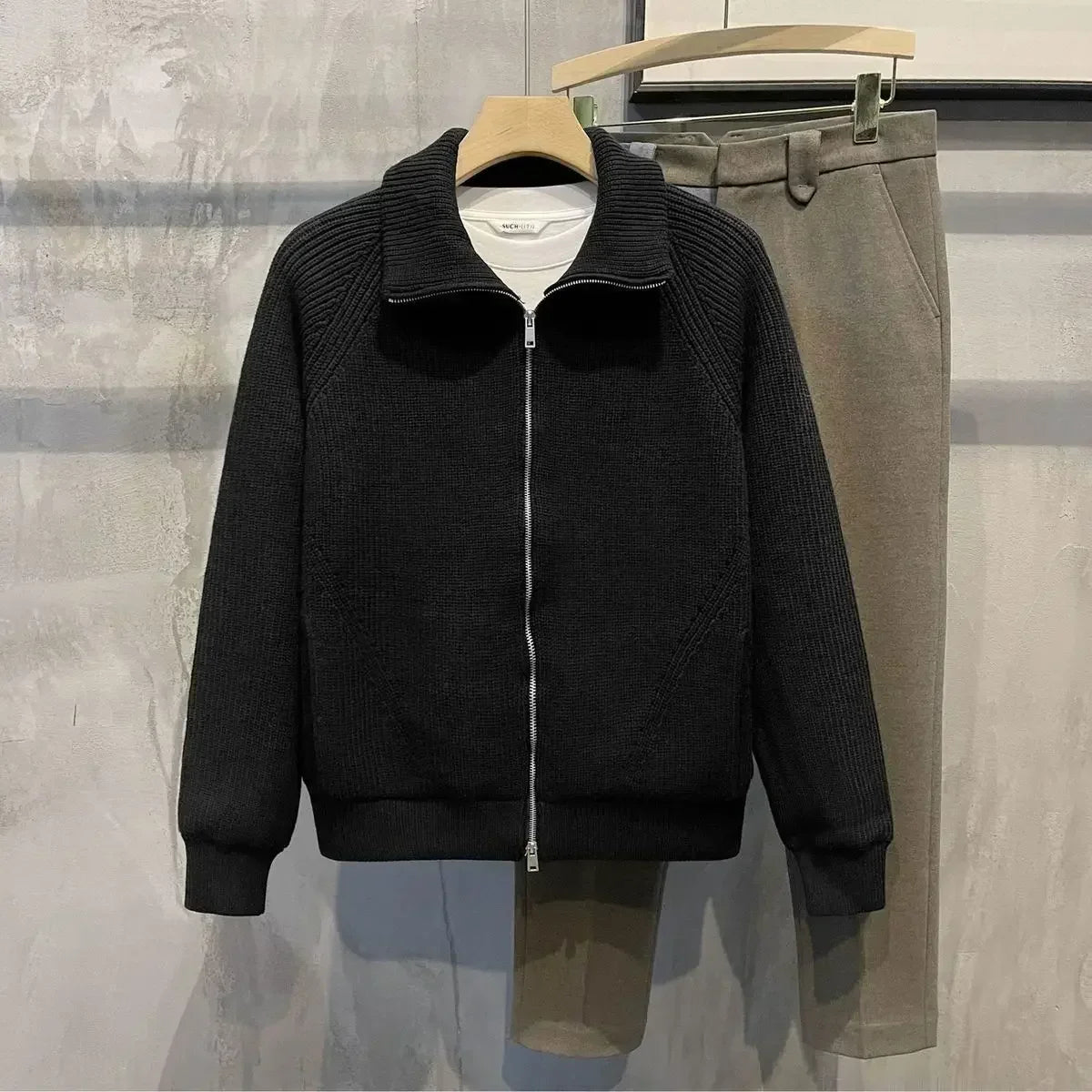 Men's Clothing Cardigan Collared Zipper Knit Sweater Male Solid Color Plain Green Zip-up Korean 2024 Autumn Stylish Hot Old X voguable