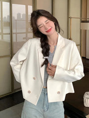 Elegant White Blazer Women Slim Long Sleeve Korean Sweet Suit Coat Casual Fashion Fall Double Breasted Female Chic Short Outwear voguable