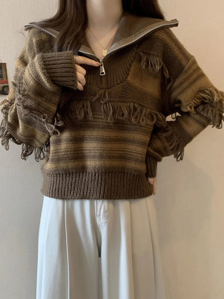 Voguable  Vintage Tassel Striped Knitted Sweater Women Harajuku Casual Loose Jumper Korean Retro Long Sleeve Zipper All Match Tops voguable