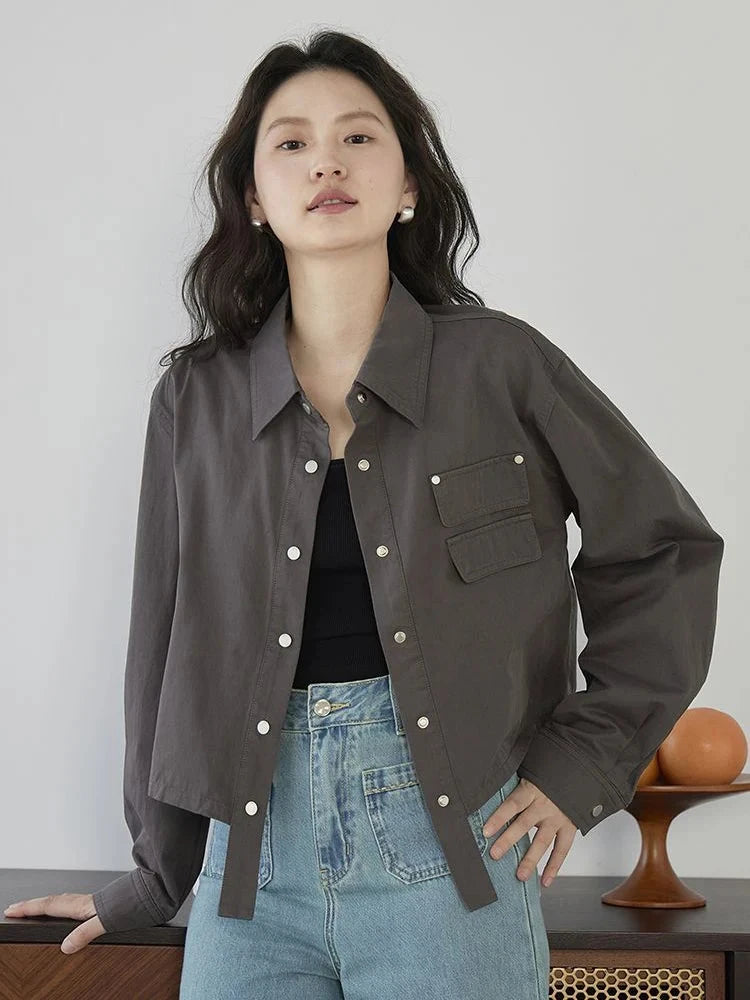 American Y2K Cargo Jacket Women Fall Casual Long Sleeve Vintage Short Coat Harajuku Turn Down Collar New Solid Hip Hop Tops voguable