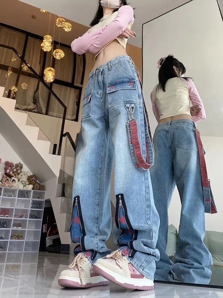 Korean fashion casual star print tooling jeans women's Baggy American stitching contrast color loose straight wide-leg pants ins voguable
