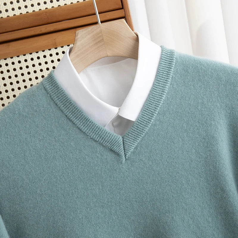 Men 100% Merino Wool Sweater V-Neck Pullover Autumn Winter Cashmere Warm Solid Knitwear Clothes Business Bottoming Soft Tops voguable