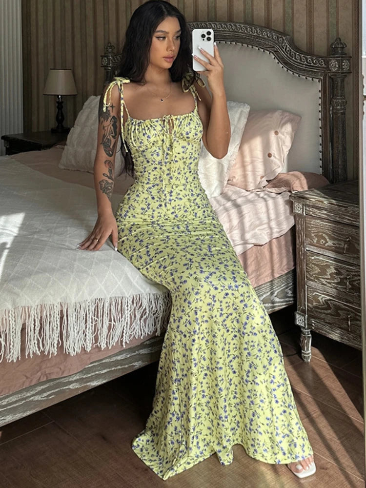 Floral Dress Women Elegant Summer Off Shoulder Lace Up Deep V Neck Dresses Ladies Holiday Casual Beach Long Dress Woman voguable