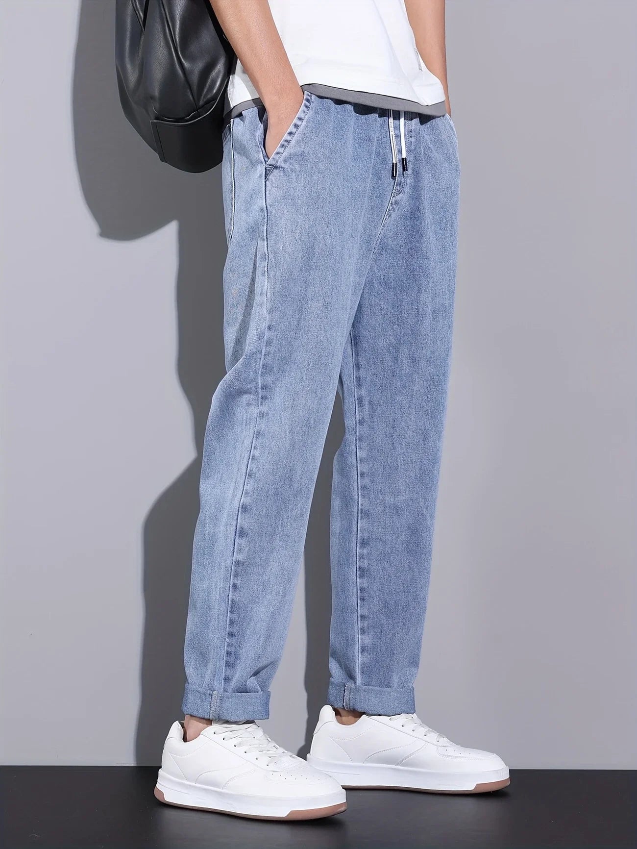 Voguable  Men's Straight-Leg Jeans with Adjustable Drawstring Waist, Made of Breathable and Soft Fabric, Loose Casual Style. voguable