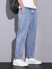 Voguable  Men's Straight-Leg Jeans with Adjustable Drawstring Waist, Made of Breathable and Soft Fabric, Loose Casual Style. voguable