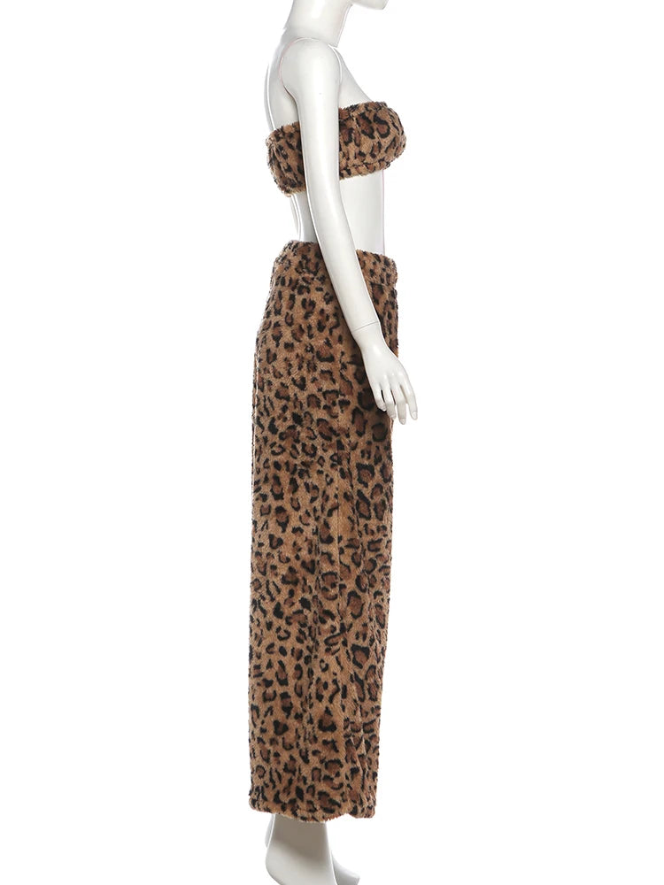 Voguable  Furry Leopard Print 2-Piece Set Women Punk Style Hottie Sleeveless Crop Vest+Wide Pants Trend Matching Street Suits voguable