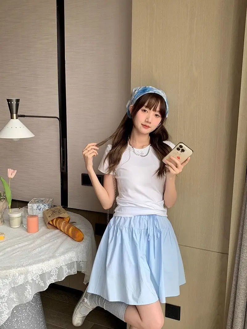 Cotton Casual Short A-line Skirt for Women High Waist Blue Elastic Waist Tie bow Sweet Loose Sports Skirt with Safety Shorts voguable