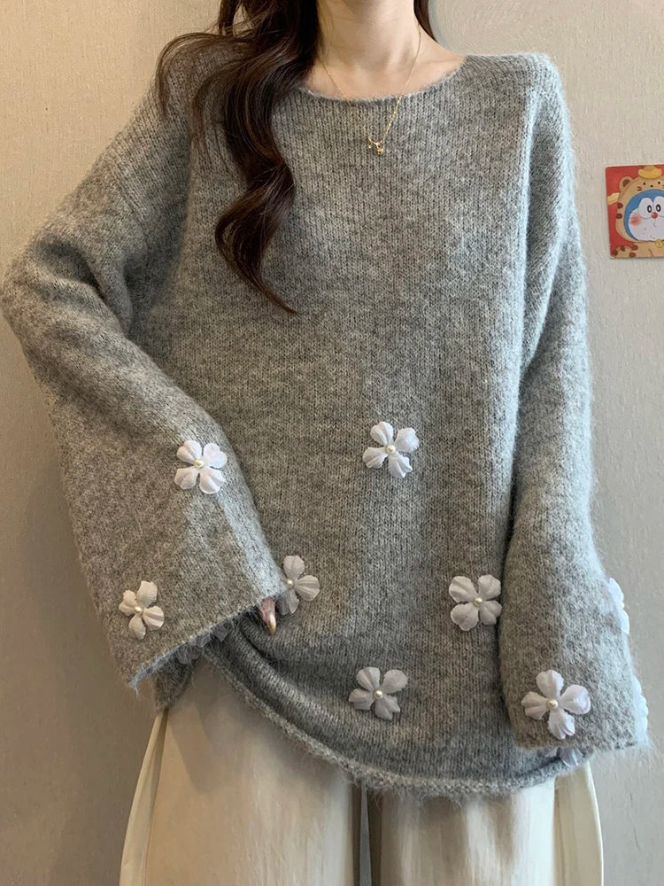 Sweet Floral Chic Sweater Women O Neck Cute Long Sleeve Knitted Jumpers Fashion Preppy Style Loose Lazy Wind Lady Fall Pullover voguable