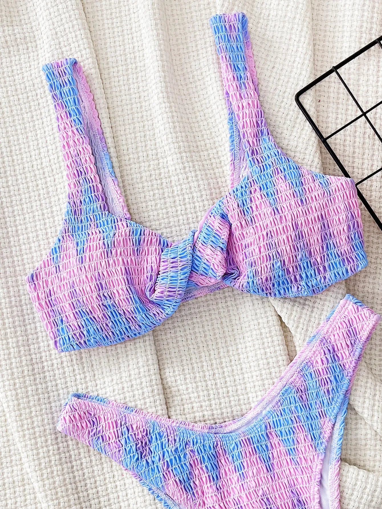 Voguable  Blue Pink Tie Dye Printed Swimsuit for Women Cross Knot Two Piece Bikini Set Suspender Backless Beach Vacation Bathing Suit voguable