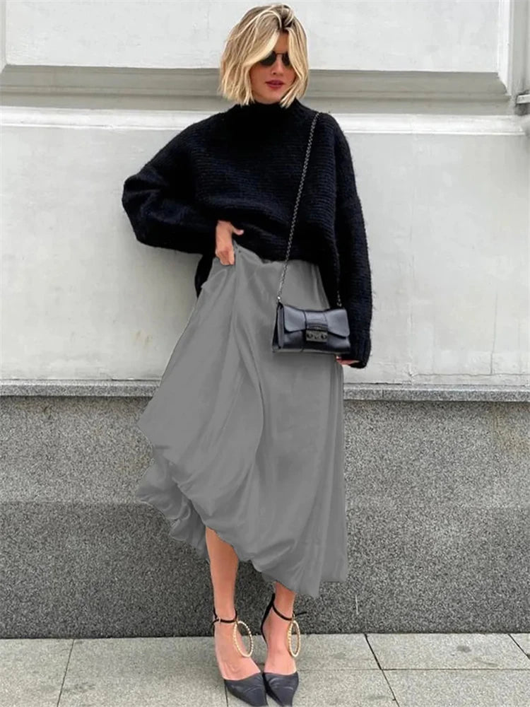 TARUXY Silk Satin White Maxi Skirt Long Ruffled Pleated Skirts Elegant Lantern Pants A-Line Silk Long Skirts For Women 2023 New voguable
