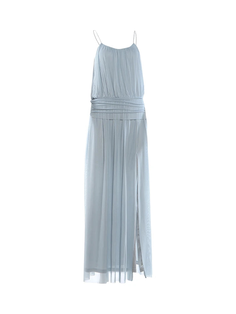 Voguable  Ruched Elegant Sling Dress Woman Low-Neck Backless Sleeveless High Splits Hem Birthday Party Y2K Style Long Bodycon voguable