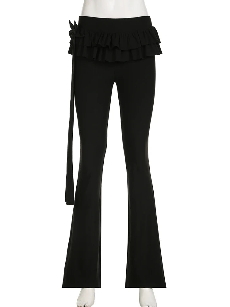 Voguable Black Lace Up Ruffled Skirt Pants Low Waist Women Coquette Y2K Streetwear Wide Leg Trouser Fashion Flare Pants Harajuku voguable