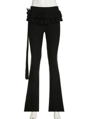 Voguable Black Lace Up Ruffled Skirt Pants Low Waist Women Coquette Y2K Streetwear Wide Leg Trouser Fashion Flare Pants Harajuku voguable