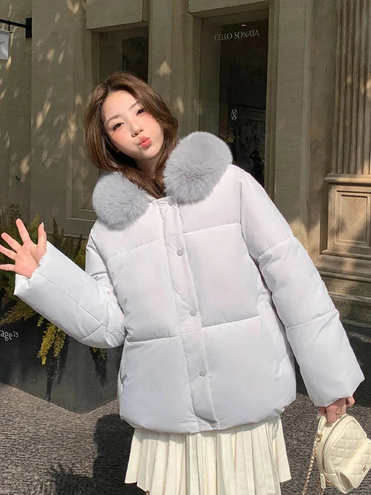 Preppy Style Sweet Parkas Women Cute Long Sleeve Vintage Faux Fox Hooded Cotton Coat Korean Winter Thick Warm New Outwear voguable