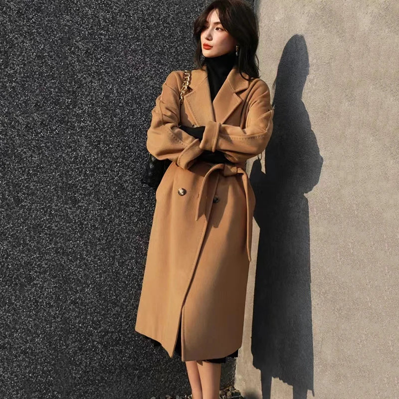 Winter Fashion Faux Woolen Coats Women Korean Elegant Solid Thick Belt Long Jacket Y2K Ladies Loose All Match Blends Outwear New voguable