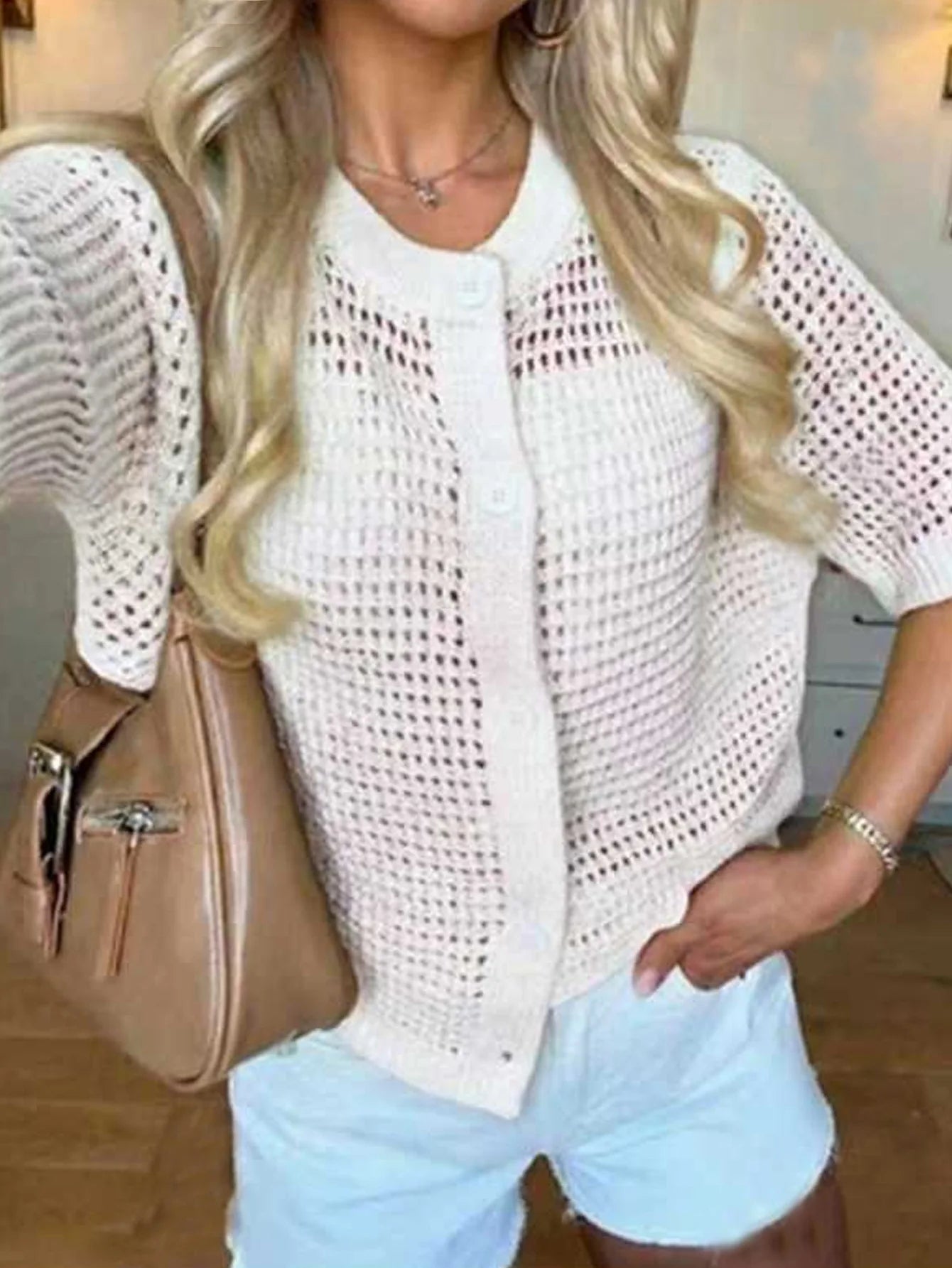 Voguable  Korean Fashion Hollowed Out Round Neck Casual Short Sleeved Cardigan Summer New Solid Color Elegant Women's Knitted Tops voguable