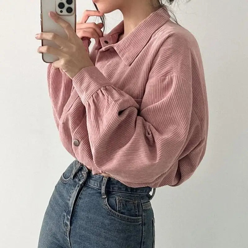 Vintage Corduroy Cropped Jacket Women Korean Fashion Long Sleeve Drawstring Blouses Female Casual Loose Single Breasted Coats voguable