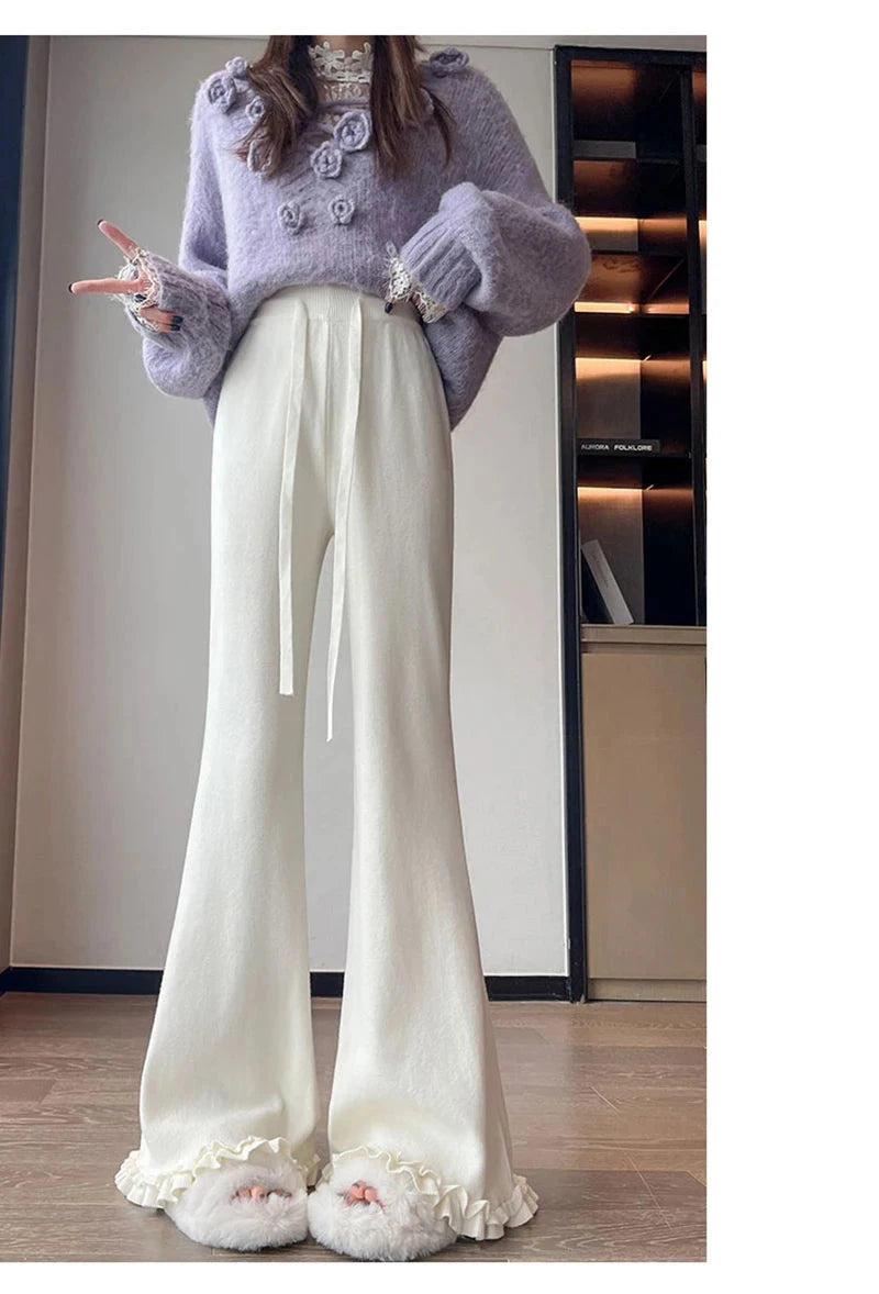 Ruffles Knitted Flare Pant Women High Waist Fashion Loose Fall Winter Trousers Korean Chic Elegant Lady Sweet Solid Pants voguable