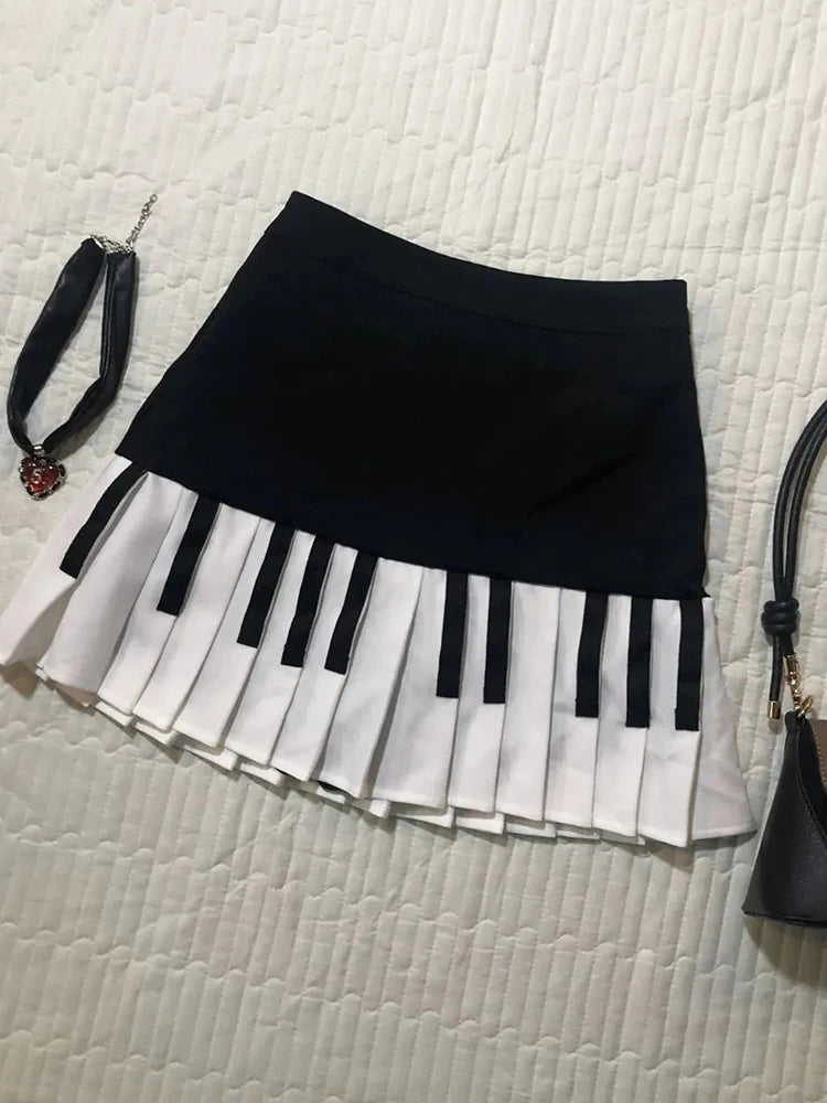 Vintage Y2K Pleated Skirt Women High Waist Piano Patchwork Streetwear Skirts Casual American Hip Hop Gothic Mini Skirts New voguable