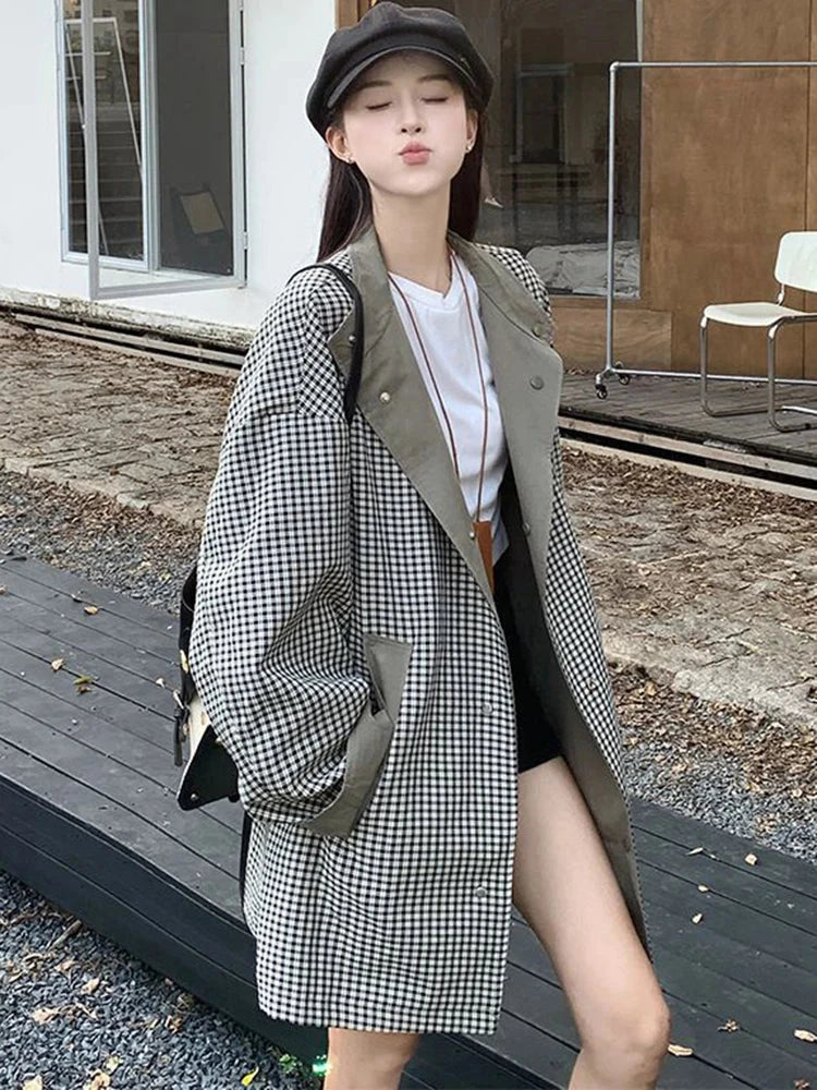 Korean Chic Elegant Jacket Women Loose Design Double Sided Wear Plaid Coat Fall Fashion Long Sleeve Sweet Pockets Outwear voguable