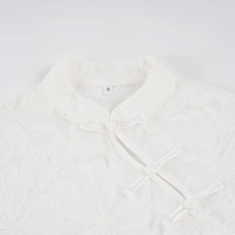 Voguable  Vintage Chinese Style Stand Collar Slanted Buttons Floral Lace White Hollow Out Sxy T-shirts for Lady Summer Evening Party Top voguable