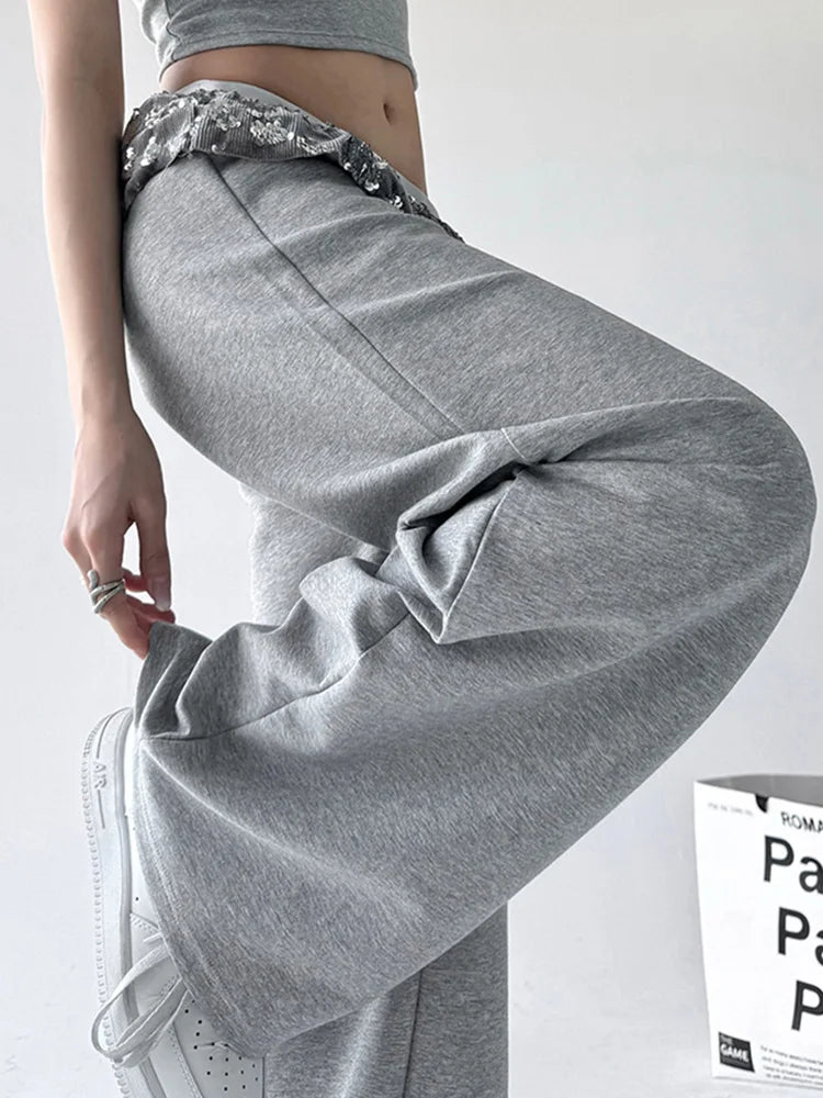 Chic Bright Silk Patchwork Sweatpants Women Loose Streetwear High Waist Casual Pant Fashion Pockets Fall American Gray Trousers voguable
