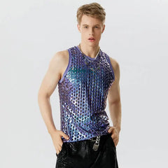 Men Tank Tops Sparkling O-neck Sleeveless Streetwear Hollow Out Vests Summer Sexy Fashion Party Men Clothing S-5XL voguable