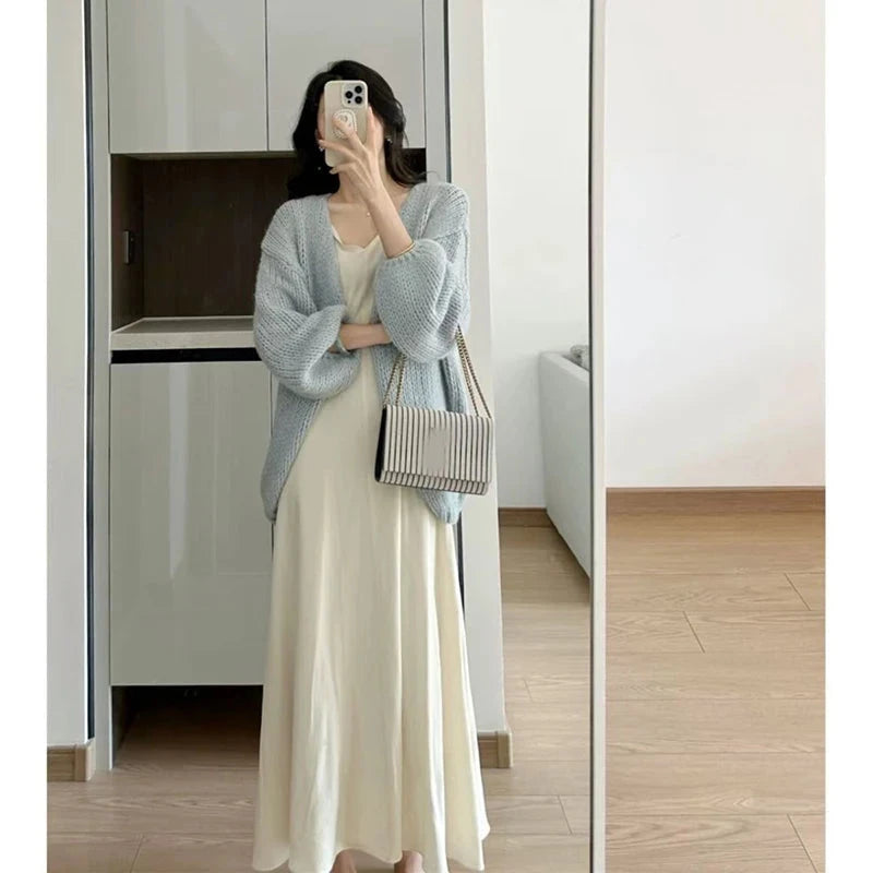 Lazy Wind Retro Cardigan Women Casual Loose Long Sleeve Korean Knitted Sweaters Coats Vintage Fall Winter Simple Solid Tops New voguable