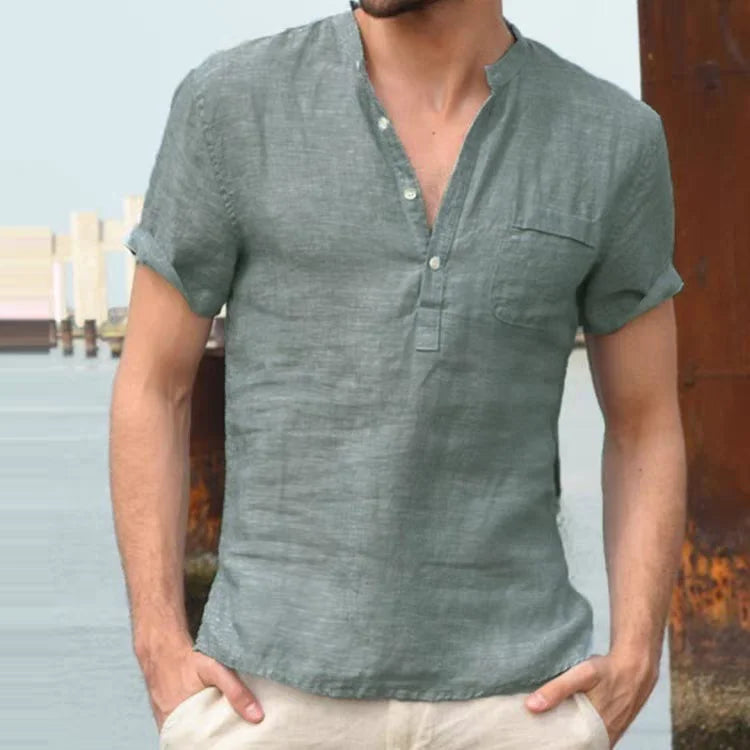Voguable  Slim Fit Cotton Linen irt Men's f Open Collar ort Sve Breathable Workwear irt Henry Collar Smo Trendy Summer voguable