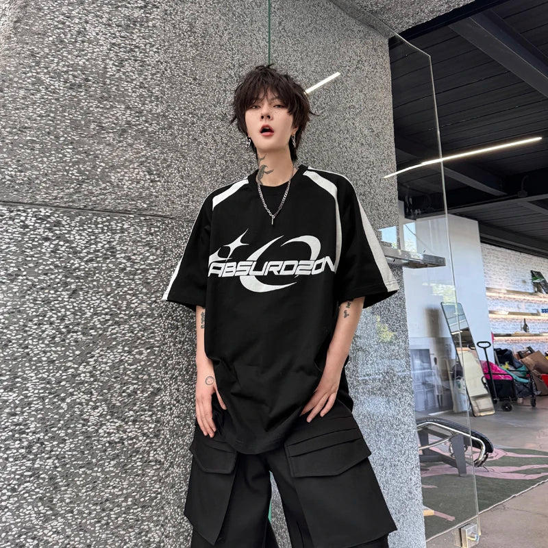 Voguable Letter Printed Splicing Design Fashion Handsome Short Sleeved T-shirts Summer New Trendy Korean Men's Street Tops voguable