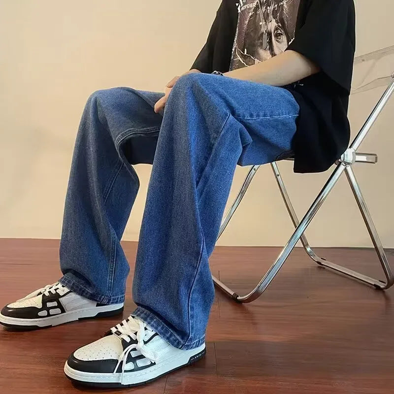 Korean Fashion Men's Baggy Jeans Classic All-match Solid Color Straight-leg Denim Wide-leg Pants Male Light Blue Grey Black voguable