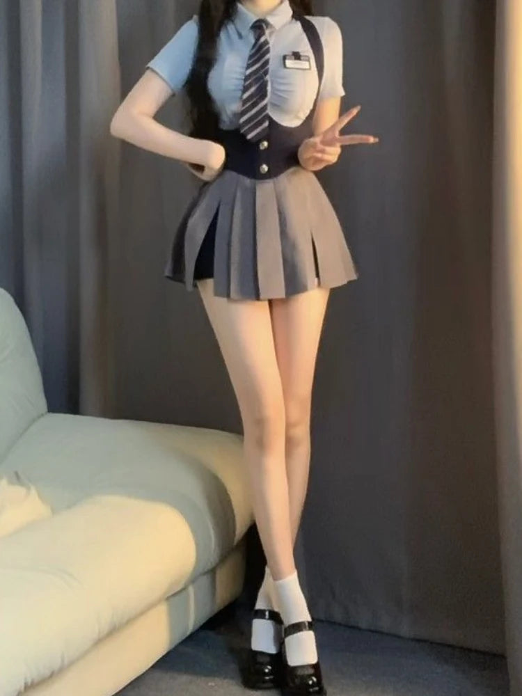 Voguable Autumn College Style JK Uniform Set Slim Shirt with Striped Tie Y2K Girls High Waist A- Line Pleated Skirt Fashion Suit voguable