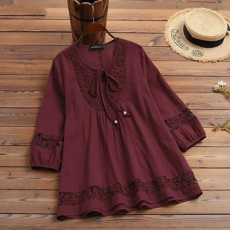 Fashion Women's Solid Lace Top Cotton Linen Casual Top Woman New Summer Blouse Three-Quarter Sleeve Loose Shirt & Blouse Women voguable