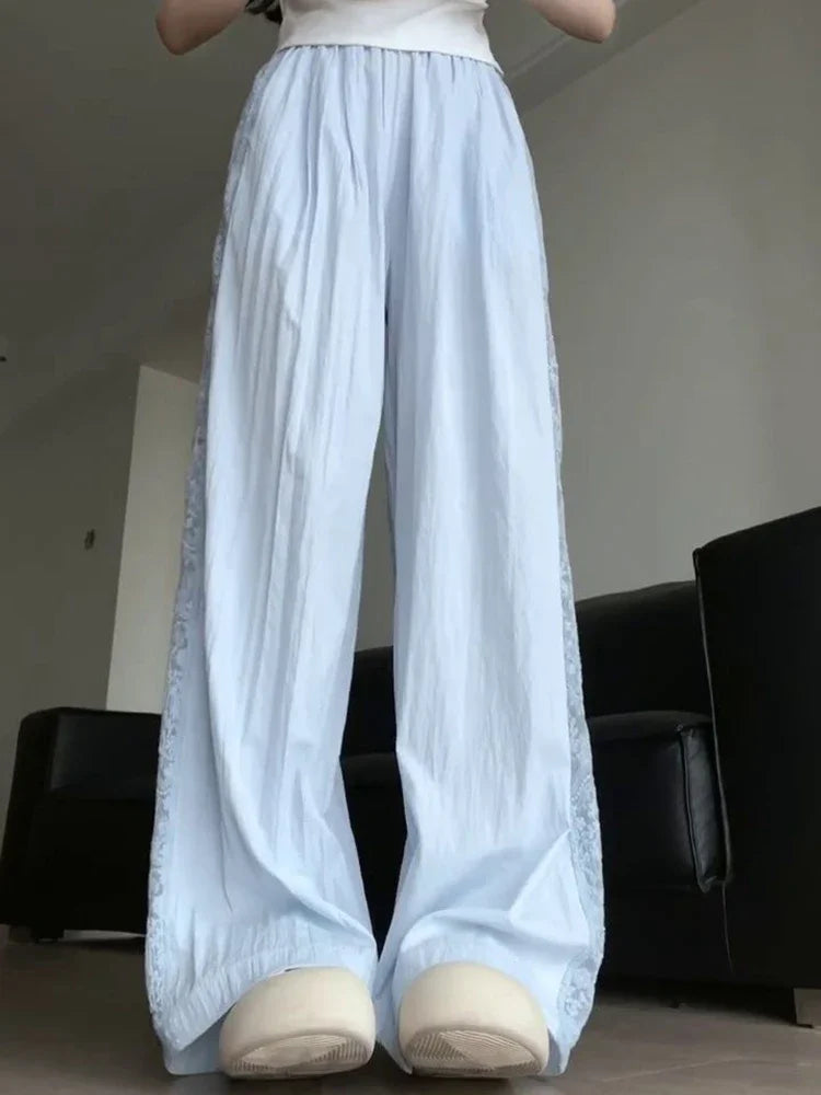 Sweet Lace Patchwork White Pants Y2K High Waist Preppy Thin Wide Leg Pants Korean Chic Loose Jogging Quick Drying Trousers New voguable