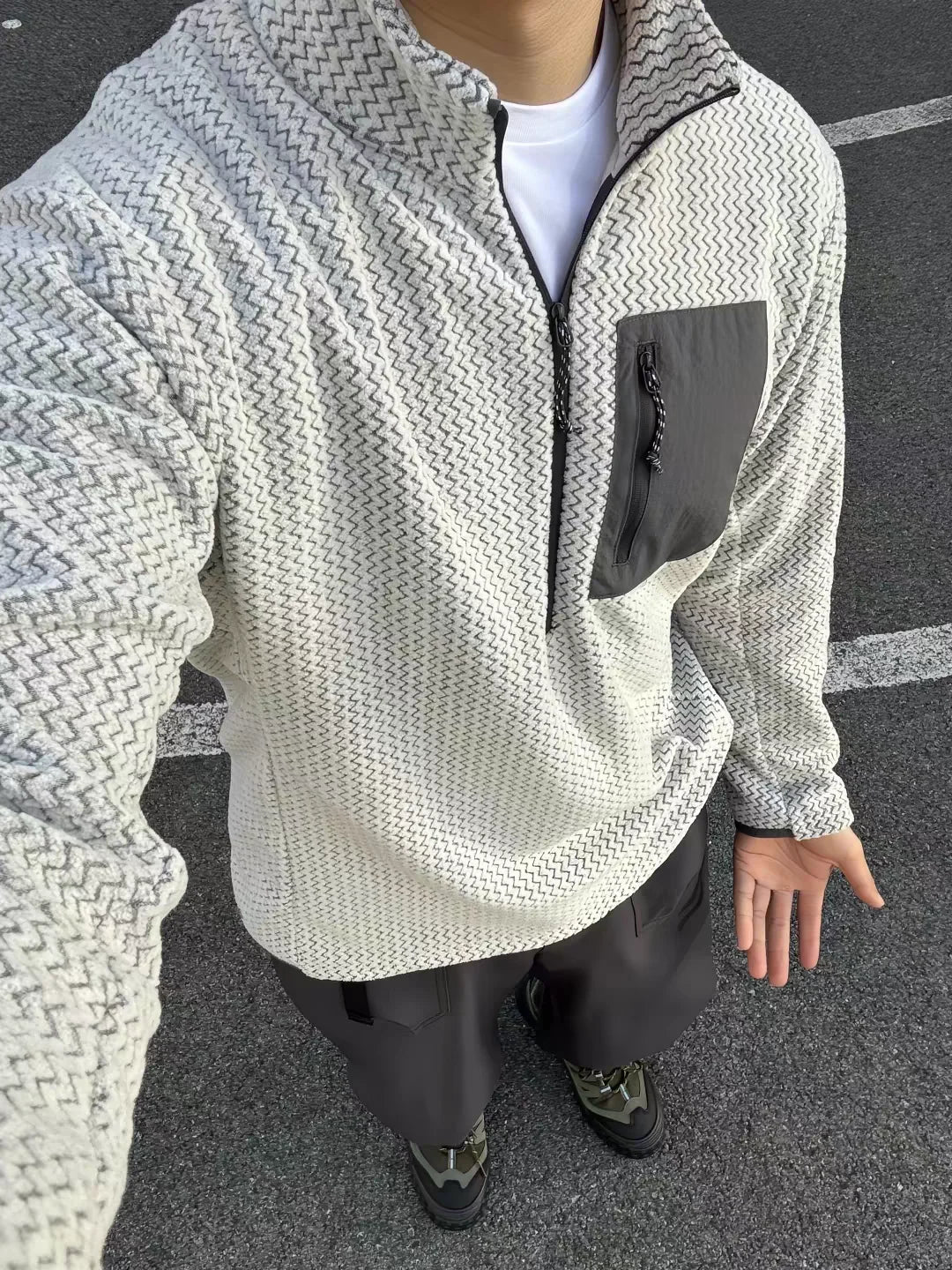 Voguable  Outdoor Half Zipper Fleece Sweatshirt Couple Style Stand Collar Wave Texture Thermal Casual Men's Women's Warm Cardigan Sweater voguable