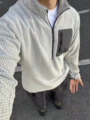 Voguable  Outdoor Half Zipper Fleece Sweatshirt Couple Style Stand Collar Wave Texture Thermal Casual Men's Women's Warm Cardigan Sweater voguable