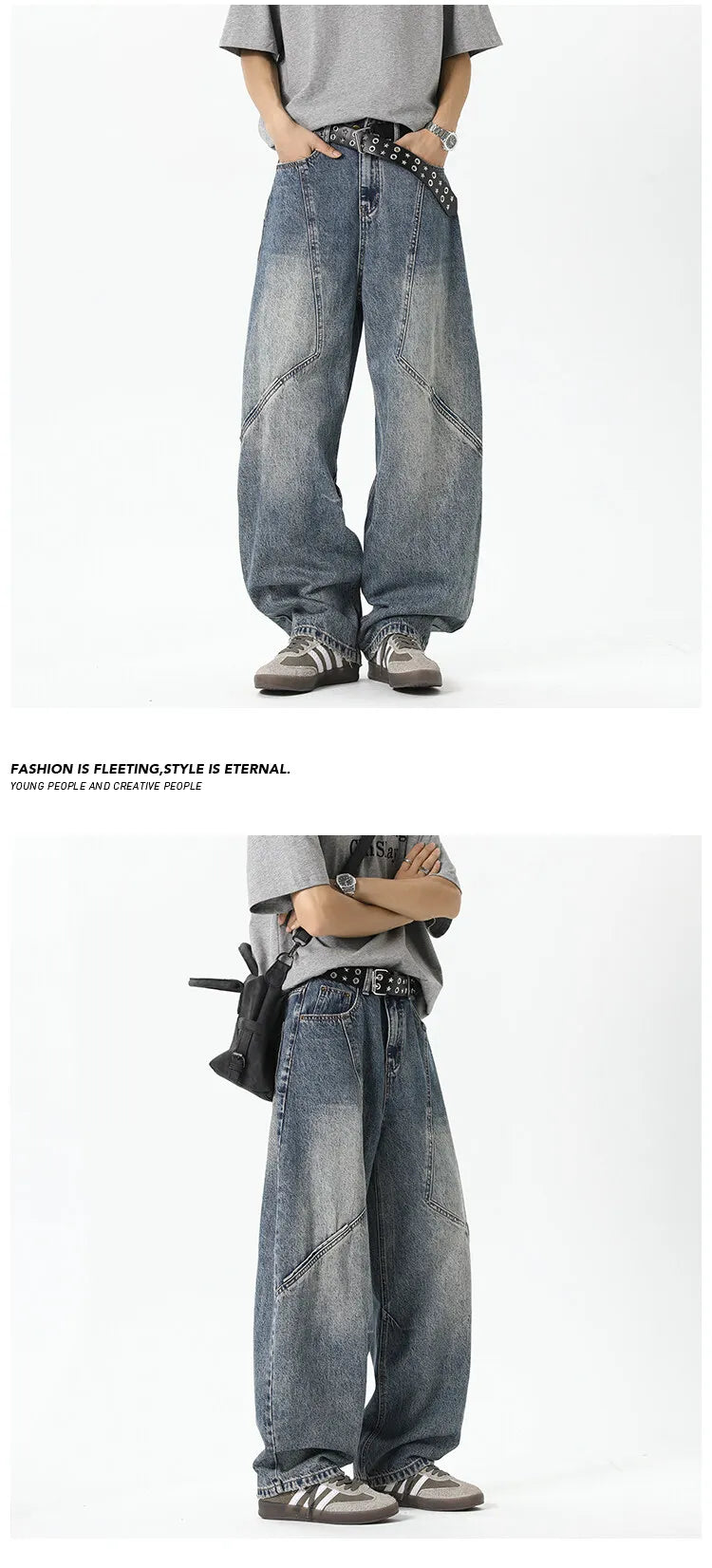 Mens Relaxed Fit Wide Leg Jeans Patchwork Design Floor Length Baggy Streetwear Casual Denim Pants 2025 Trendy Loose Trousers voguable