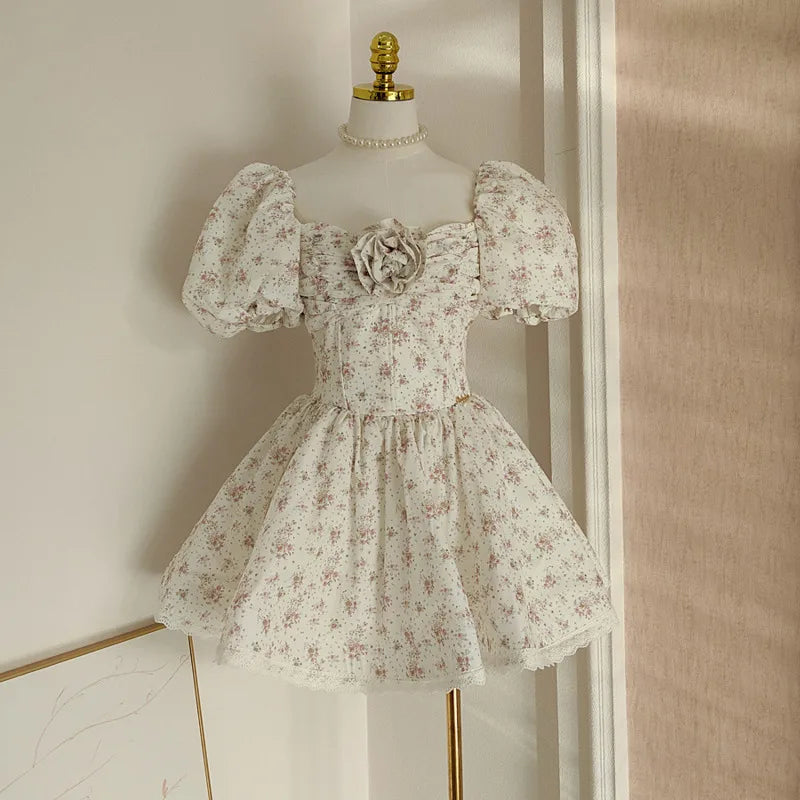 Fashion Women Dress Patchwork Lace 3D Flowers Print Short Puff Sleeve Square Collar Female Party Dress New Tide voguable