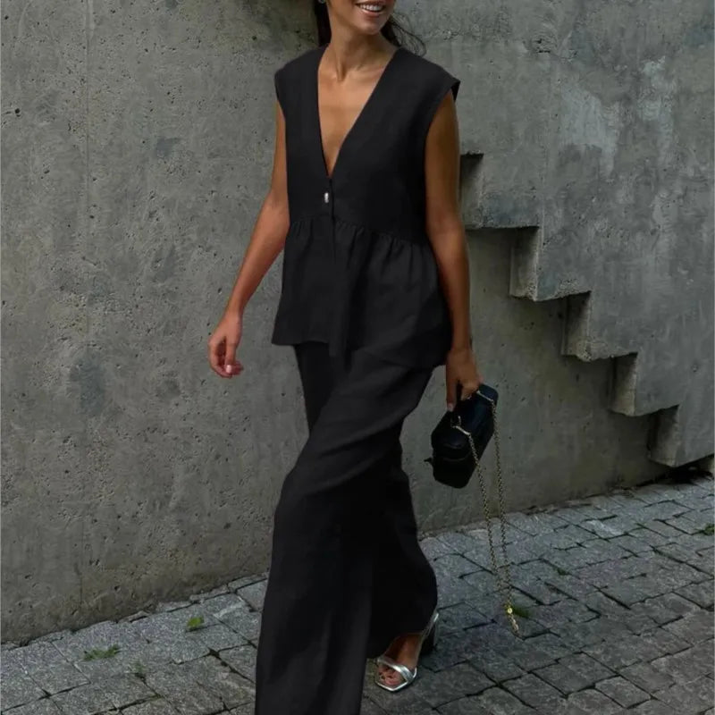 Fashion Women's Trouser Suits Sleeveless V-Neck Top Women Casual Straight Pants Sets Summer Women's Suit Commuter 2 Piece Set voguable