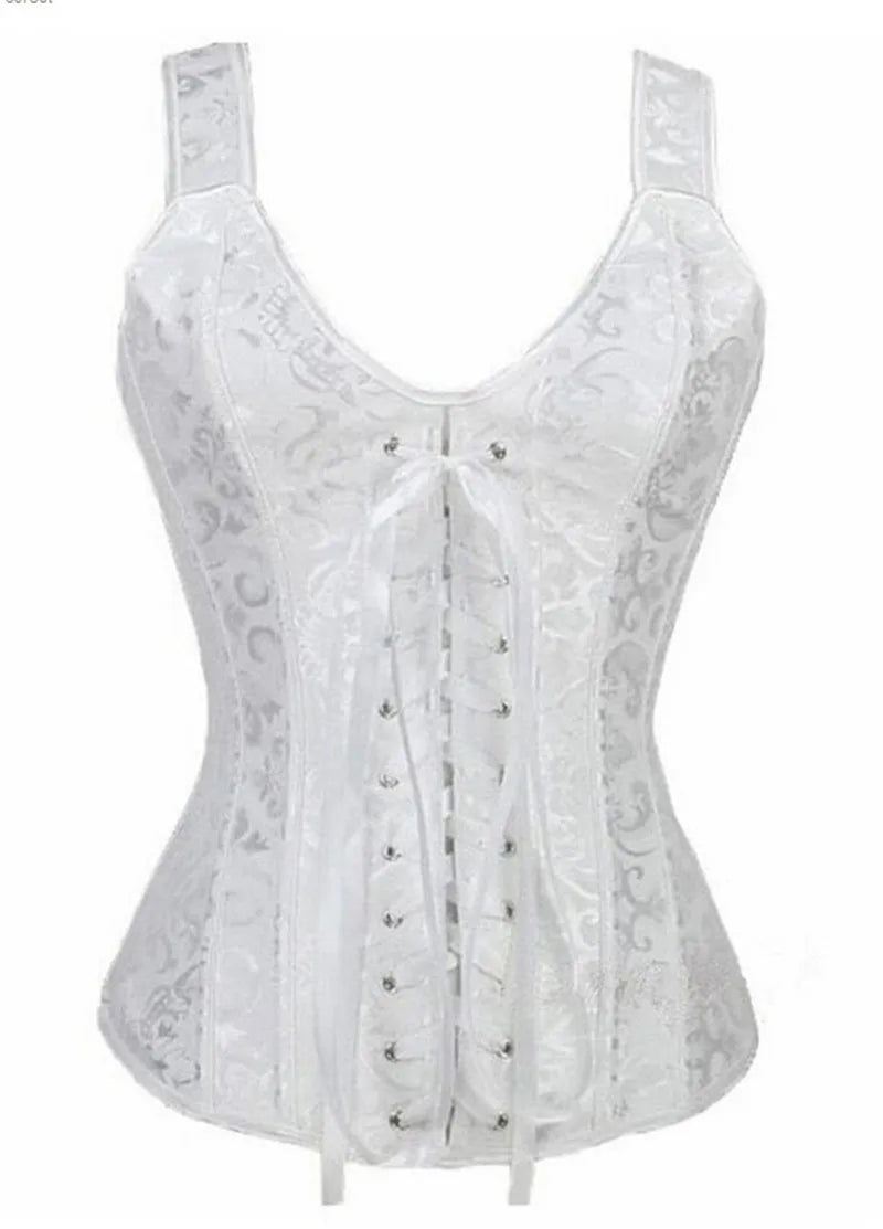 Voguable Rose Red Corset Top With Straps Sexy Bustier Zipper Brocade Vest Lingerie Plus Size Gothic For Women Outfit Burlesque Medieval voguable