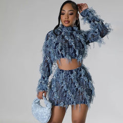 Weird Puss Elastic Patchwork Women 2Piece Set See Through Tassel Thin Crop Tops+Slim Fit Skirt Matching Party Club Matching Suit voguable