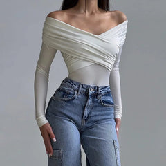 Red Sexy Off Shoulder Women's Bodysuits Fashion Crossed Folds Skinny Rompers Long Sleeve Fashion Streetwear Autumn Bodysuits New voguable