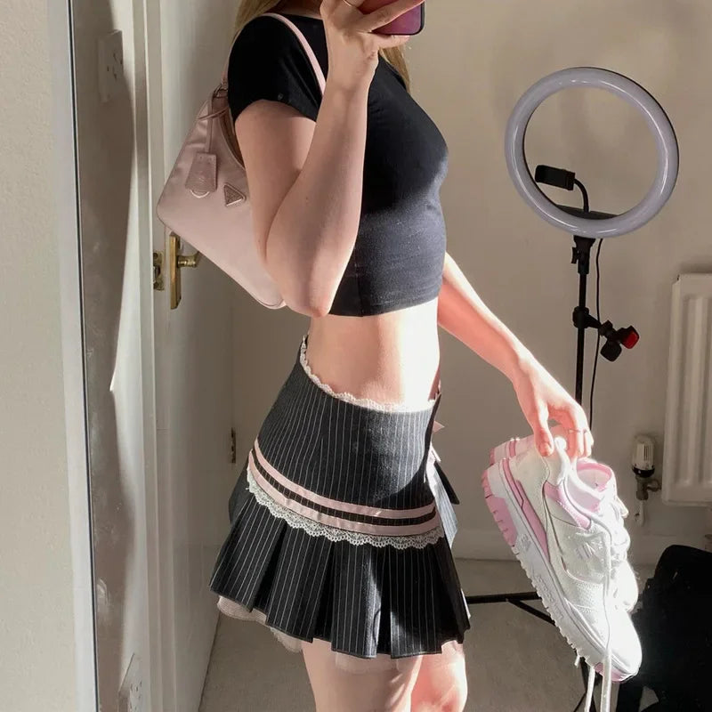 TARUXY Lace Splice Mini Skirts For Women Bow Bandage Fashion Folds Skirt Hot Girls Winter Casual Lace-up High Waist Skirt Ladies voguable
