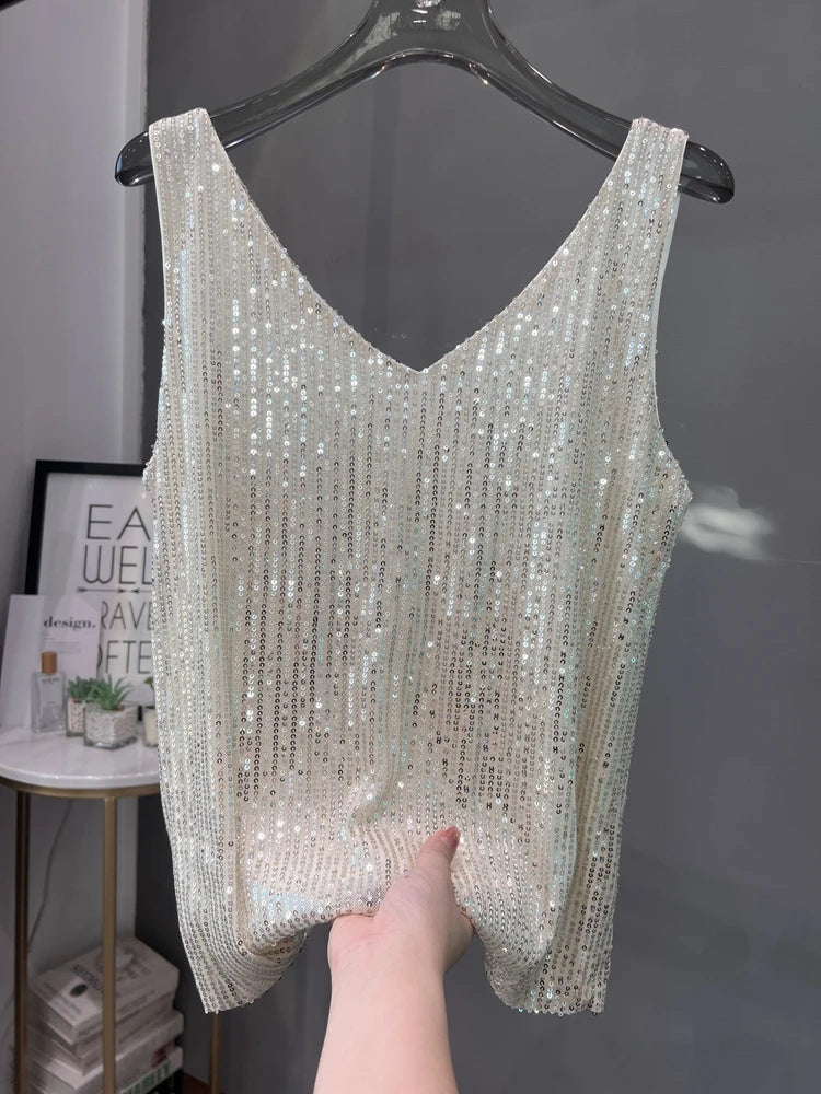 Voguable  New European and American Sequined V-neck Vest Worn Inside A Suit Bottoming Shirt and Worn Outside A Sparkling Top voguable
